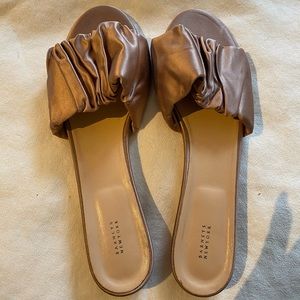 Barneys New York ruched satin flat slide sandals in blush nude tan